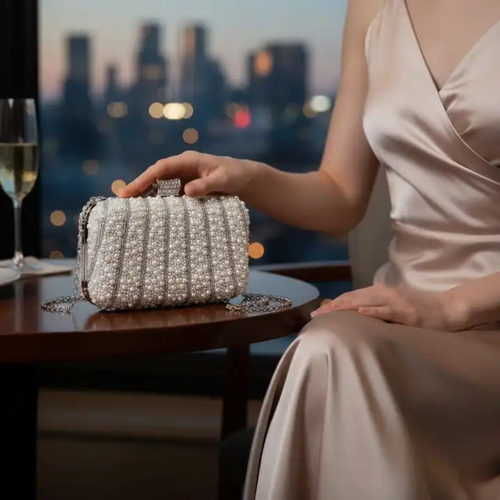 Detal przy wieczorowej kreacji Jasna kopertówka ułożona na tle eleganckiej sukni weselnej